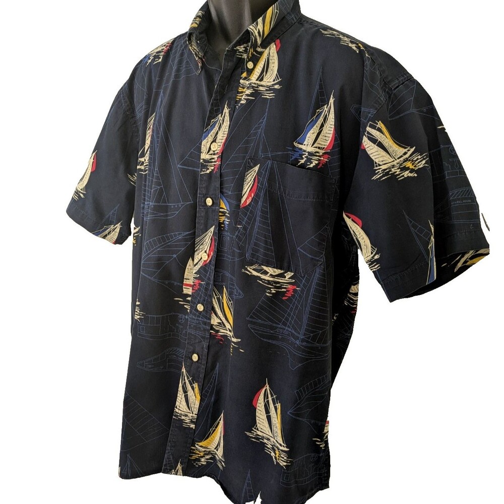 Pendleton 100% Cotton Men's LG Navy Blue Sail Boat Print Camp Shirt